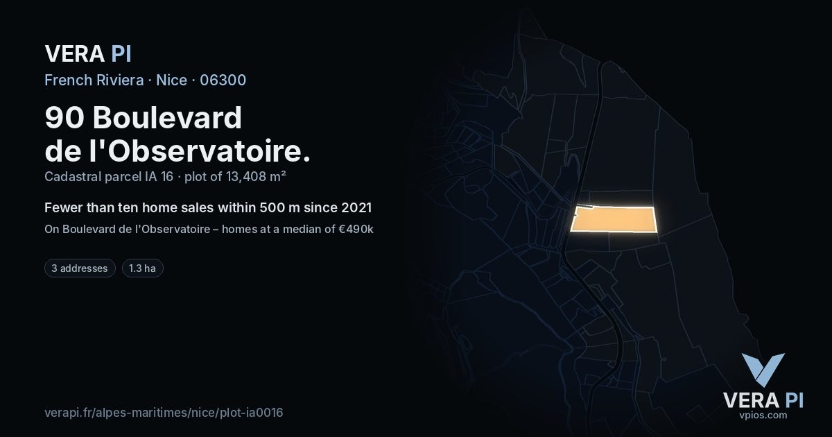 90 Boulevard de l'Observatoire, Nice at night – the plot lit, the parcels around coloured by the prices near them