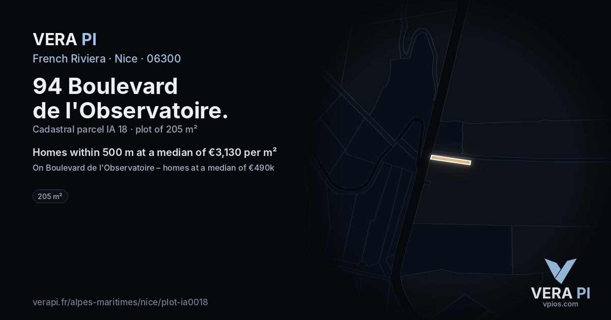 94 Boulevard de l'Observatoire, Nice at night – the plot lit, the parcels around coloured by the prices near them