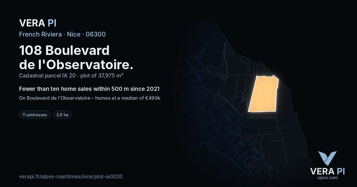 108 Boulevard de l'Observatoire, Nice at night – the plot lit, the parcels around coloured by the prices near them