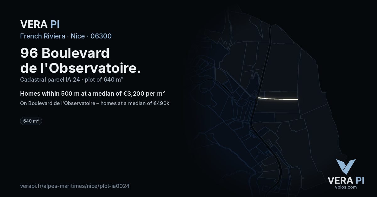 96 Boulevard de l'Observatoire, Nice at night – the plot lit, the parcels around coloured by the prices near them