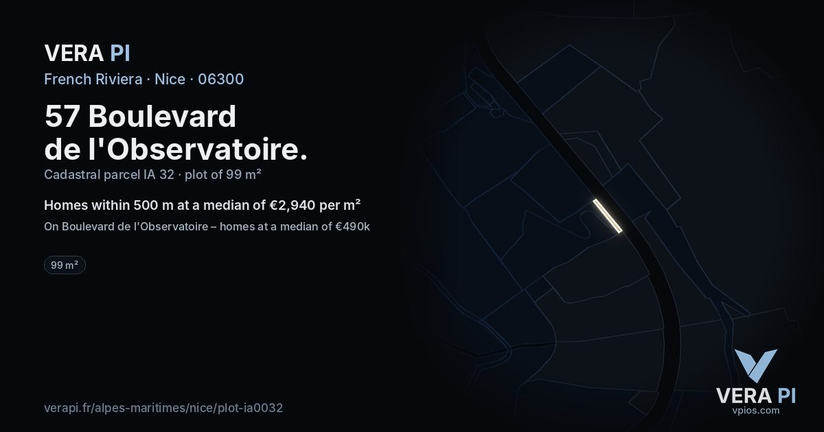 57 Boulevard de l'Observatoire, Nice at night – the plot lit, the parcels around coloured by the prices near them