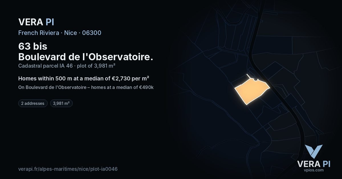 63 bis Boulevard de l'Observatoire, Nice at night – the plot lit, the parcels around coloured by the prices near them