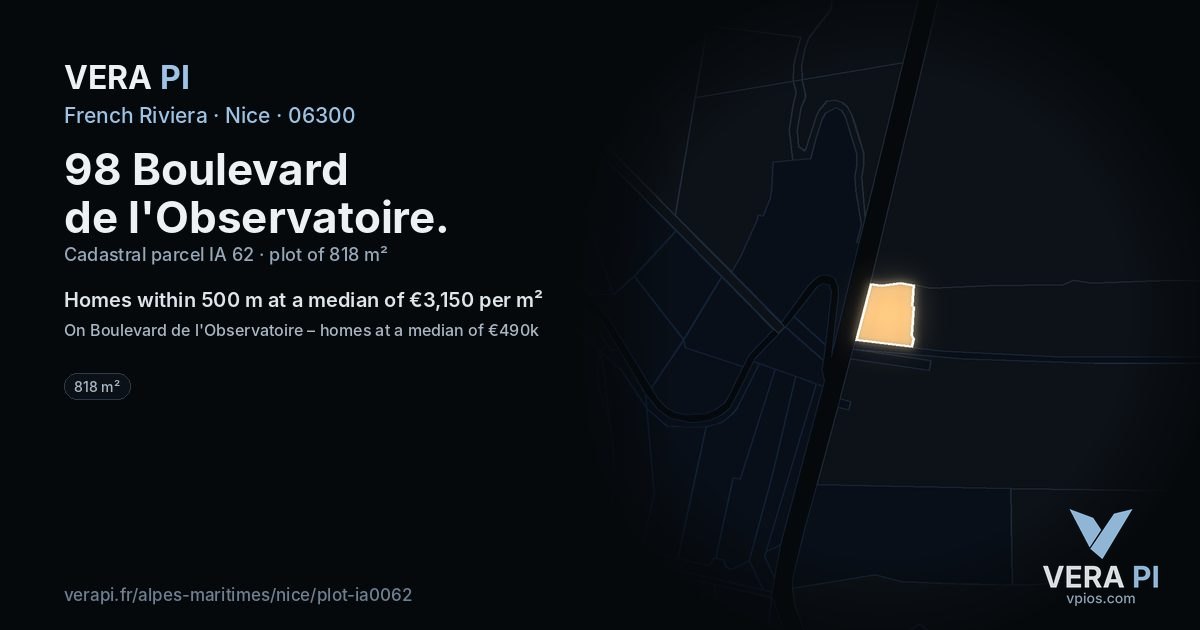 98 Boulevard de l'Observatoire, Nice at night – the plot lit, the parcels around coloured by the prices near them