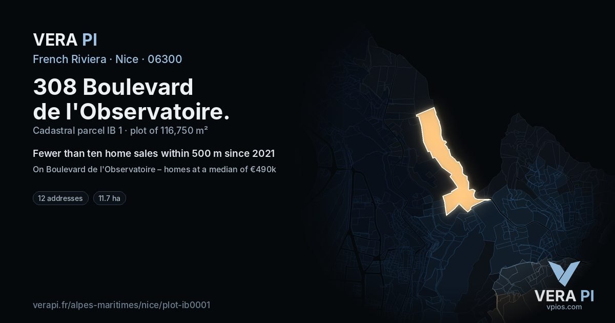 308 Boulevard de l'Observatoire, Nice at night – the plot lit, the parcels around coloured by the prices near them