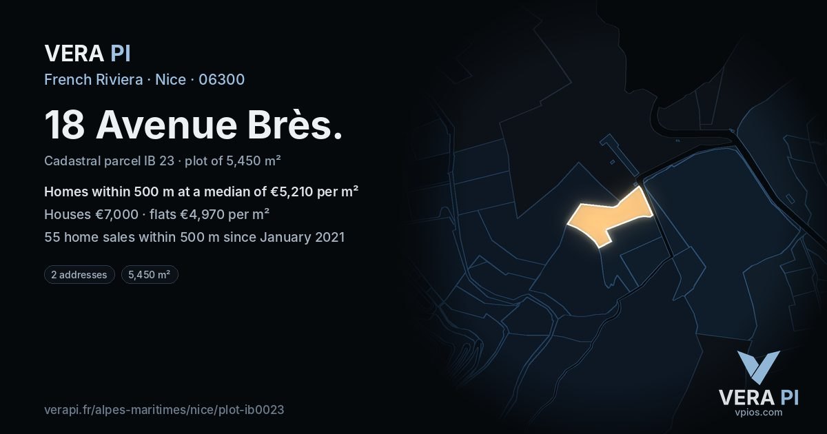 18 Avenue Brès, Nice at night – the plot lit, the parcels around coloured by the prices near them