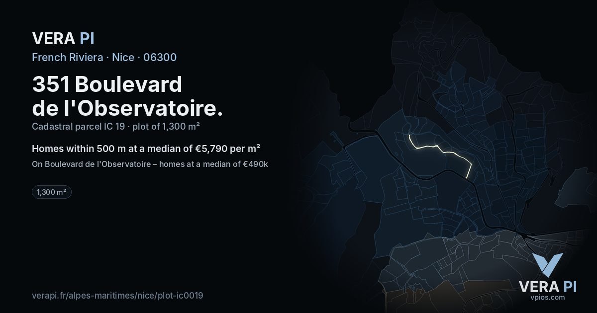 351 Boulevard de l'Observatoire, Nice at night – the plot lit, the parcels around coloured by the prices near them
