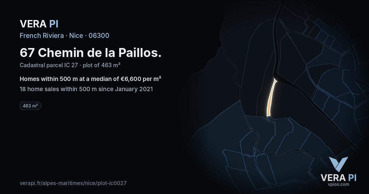 67 Chemin de la Paillos, Nice at night – the plot lit, the parcels around coloured by the prices near them