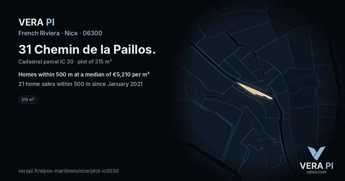 31 Chemin de la Paillos, Nice at night – the plot lit, the parcels around coloured by the prices near them