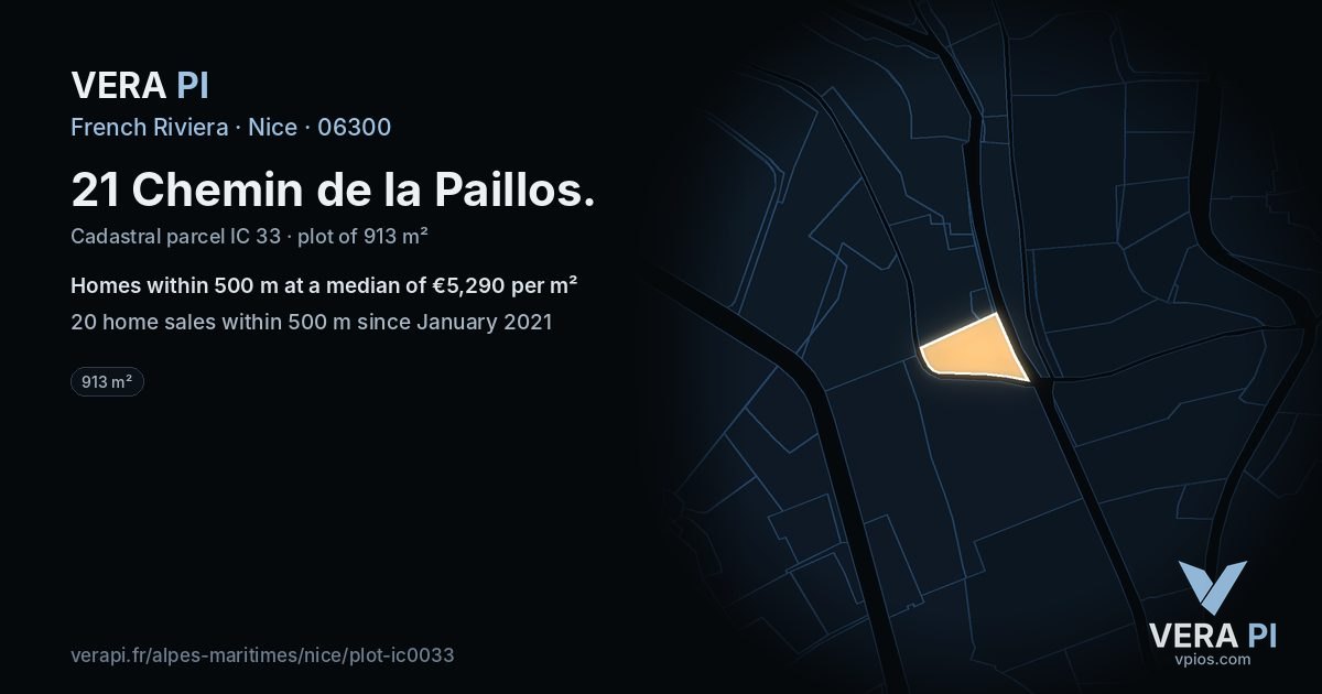 21 Chemin de la Paillos, Nice at night – the plot lit, the parcels around coloured by the prices near them