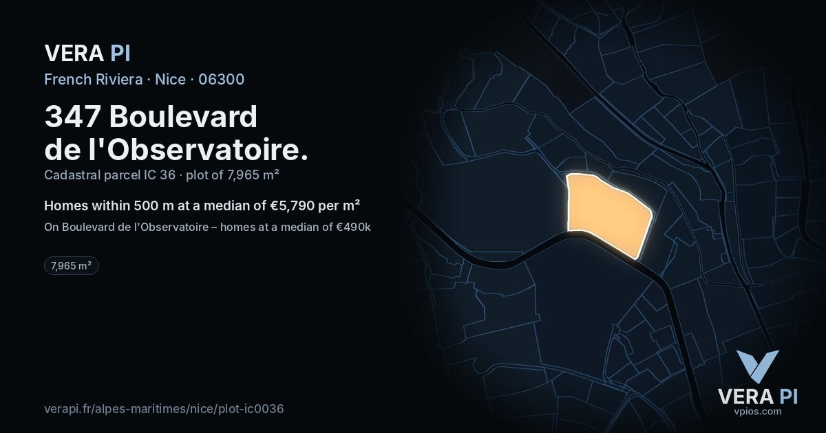 347 Boulevard de l'Observatoire, Nice at night – the plot lit, the parcels around coloured by the prices near them