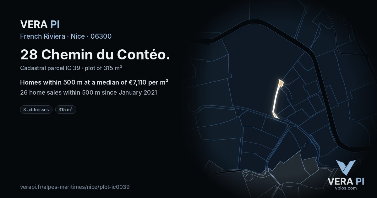 28 Chemin du Contéo, Nice at night – the plot lit, the parcels around coloured by the prices near them