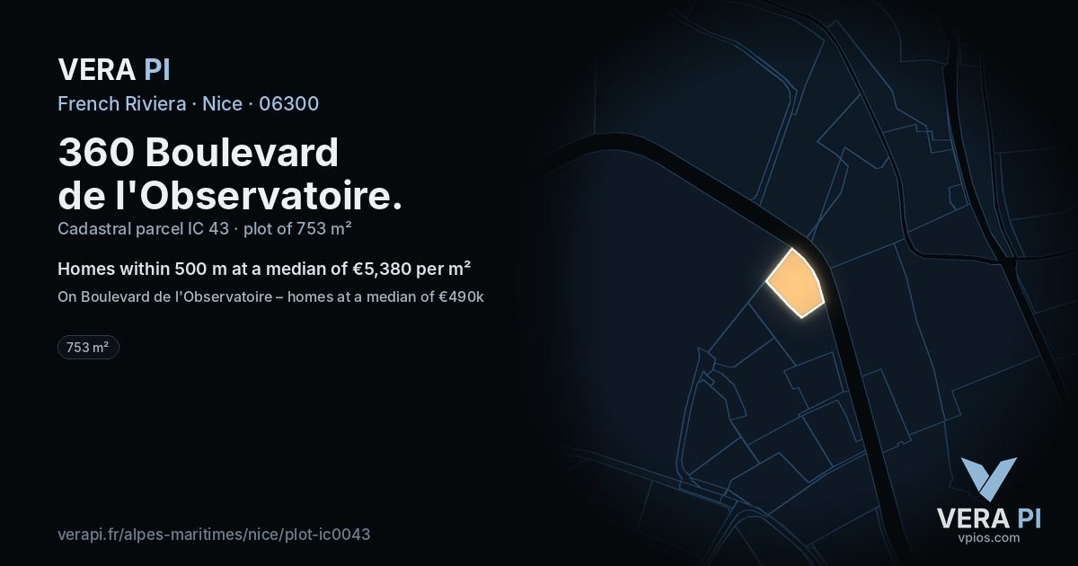 360 Boulevard de l'Observatoire, Nice at night – the plot lit, the parcels around coloured by the prices near them