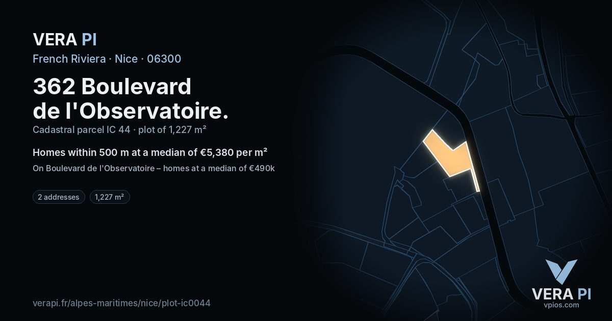 362 Boulevard de l'Observatoire, Nice at night – the plot lit, the parcels around coloured by the prices near them