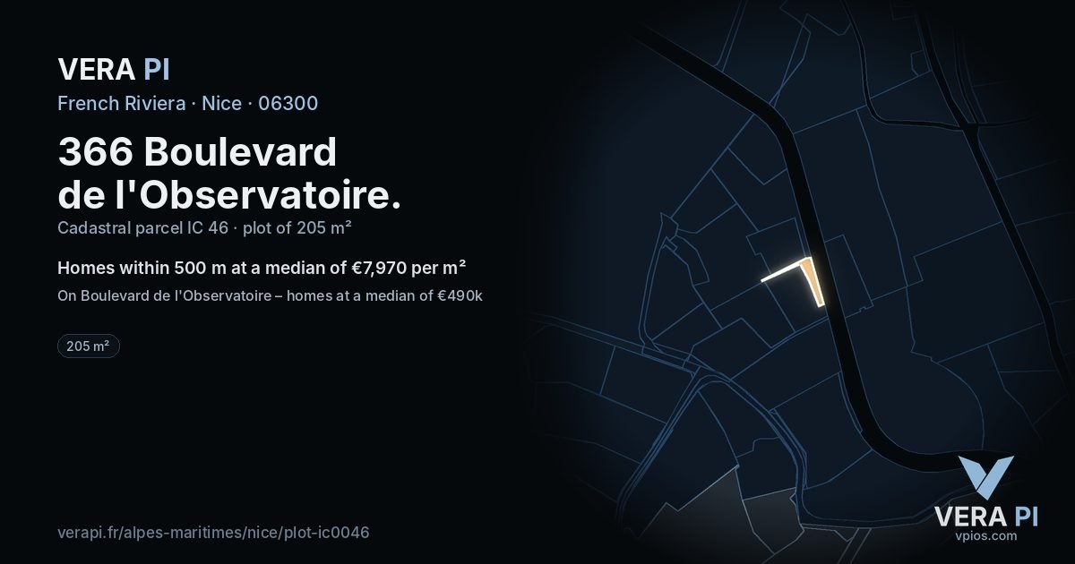 366 Boulevard de l'Observatoire, Nice at night – the plot lit, the parcels around coloured by the prices near them