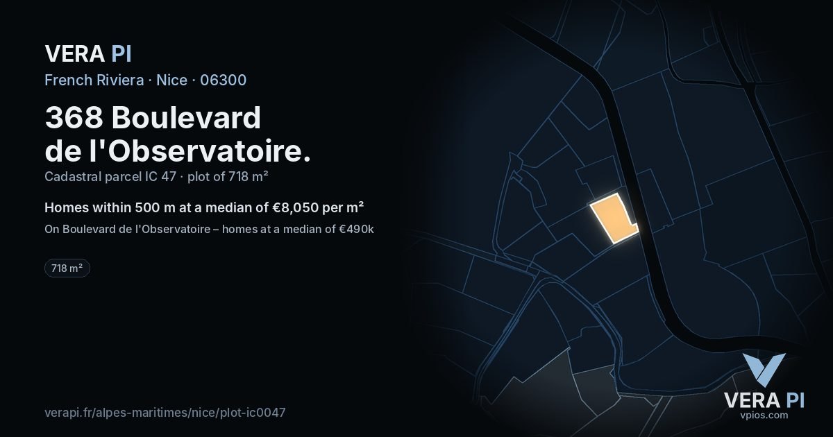 368 Boulevard de l'Observatoire, Nice at night – the plot lit, the parcels around coloured by the prices near them