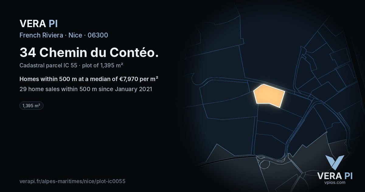 34 Chemin du Contéo, Nice at night – the plot lit, the parcels around coloured by the prices near them