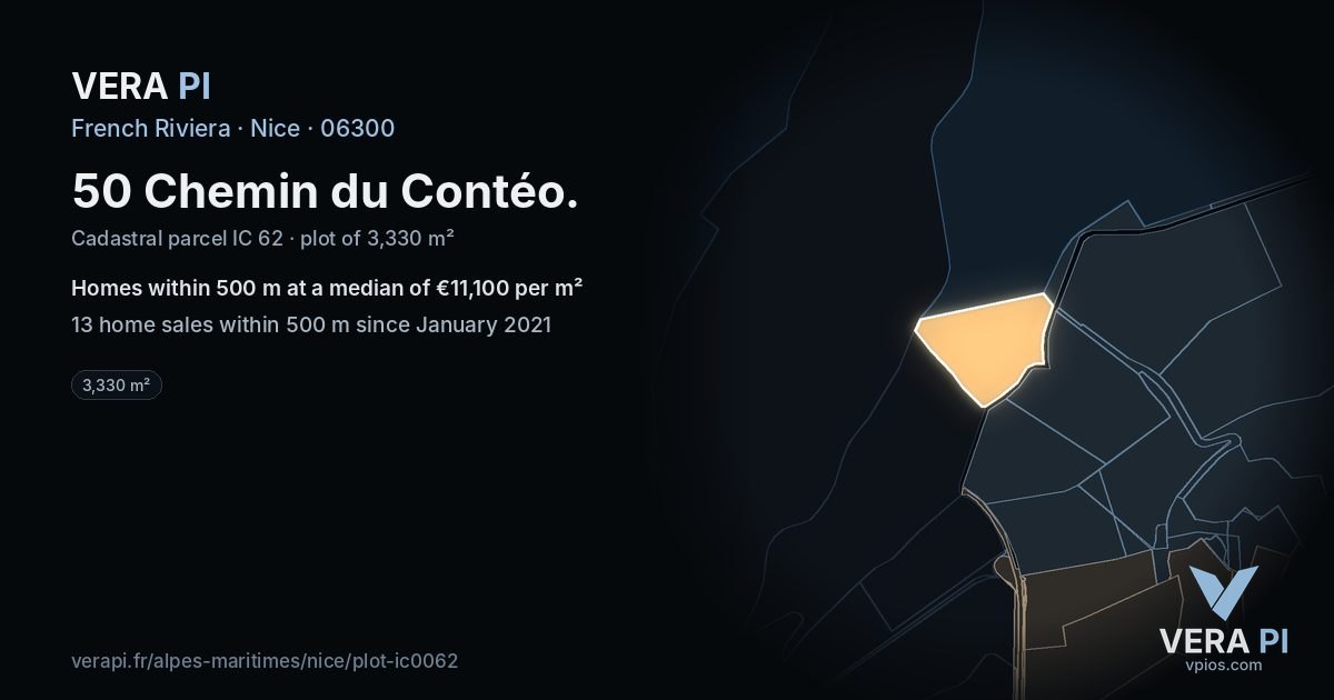 50 Chemin du Contéo, Nice at night – the plot lit, the parcels around coloured by the prices near them