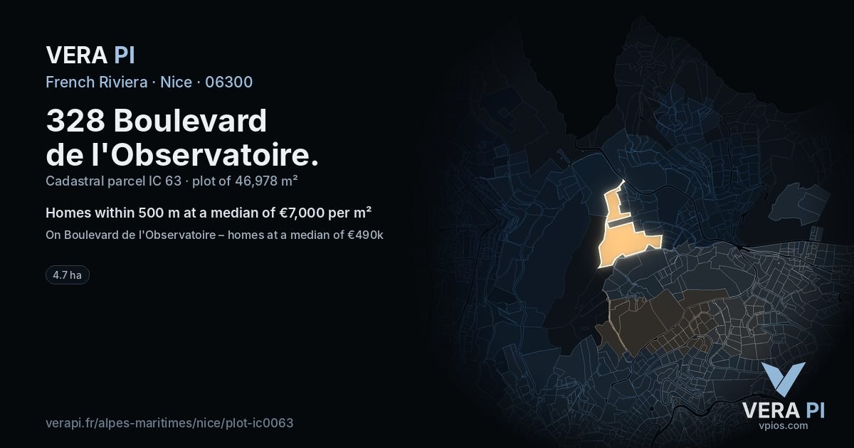 328 Boulevard de l'Observatoire, Nice at night – the plot lit, the parcels around coloured by the prices near them