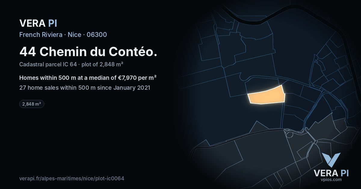 44 Chemin du Contéo, Nice at night – the plot lit, the parcels around coloured by the prices near them