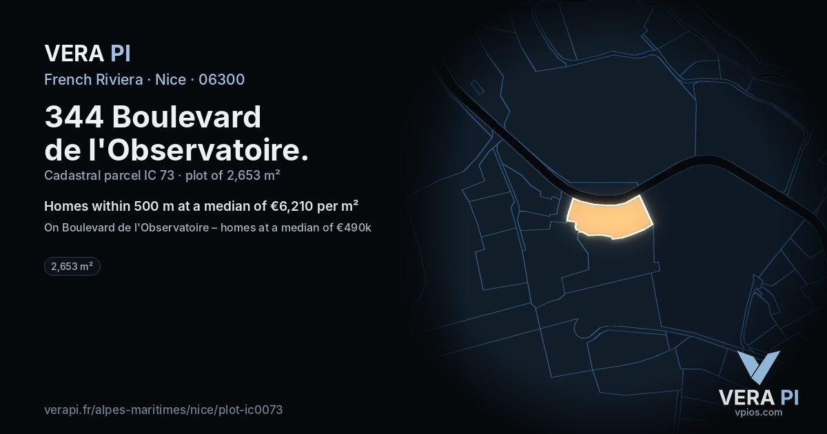 344 Boulevard de l'Observatoire, Nice at night – the plot lit, the parcels around coloured by the prices near them