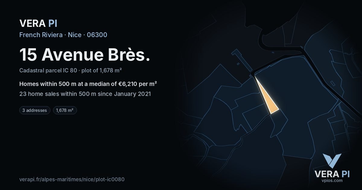 15 Avenue Brès, Nice at night – the plot lit, the parcels around coloured by the prices near them