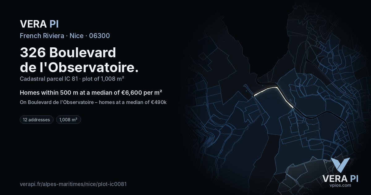 326 Boulevard de l'Observatoire, Nice at night – the plot lit, the parcels around coloured by the prices near them