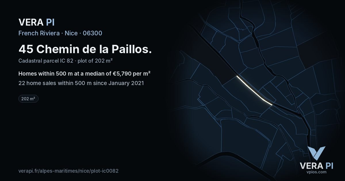 45 Chemin de la Paillos, Nice at night – the plot lit, the parcels around coloured by the prices near them