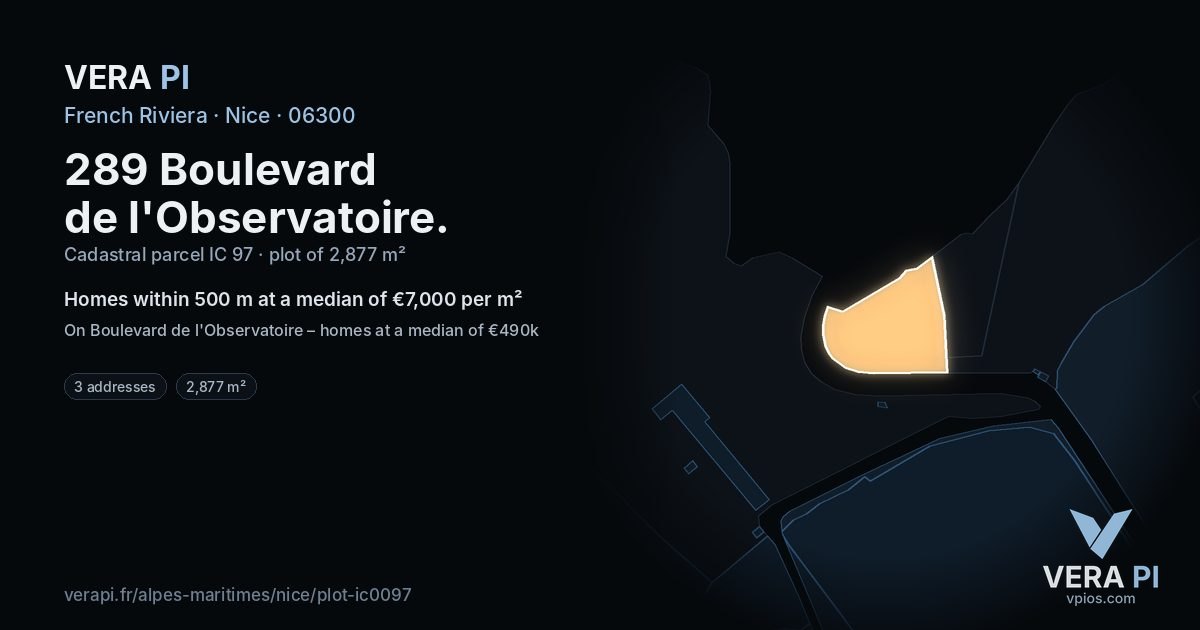 289 Boulevard de l'Observatoire, Nice at night – the plot lit, the parcels around coloured by the prices near them