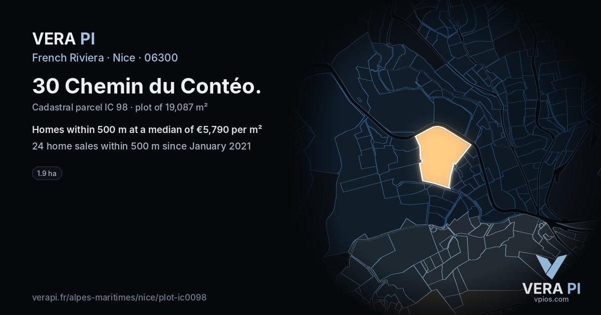 30 Chemin du Contéo, Nice at night – the plot lit, the parcels around coloured by the prices near them