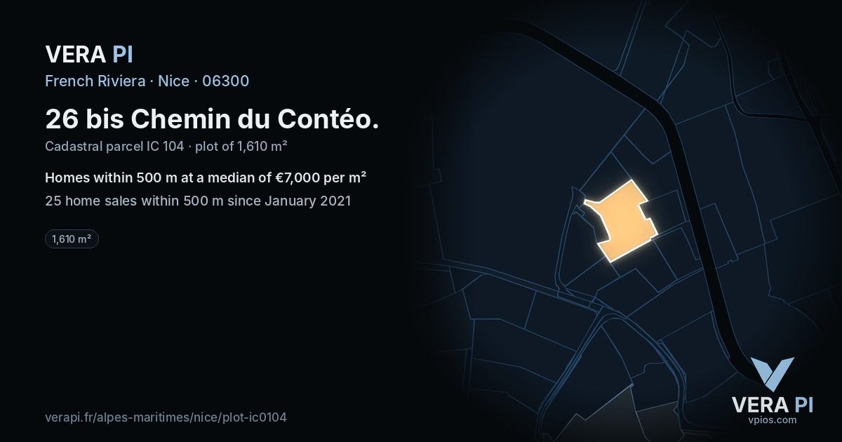 26 bis Chemin du Contéo, Nice at night – the plot lit, the parcels around coloured by the prices near them