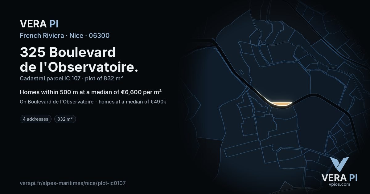 325 Boulevard de l'Observatoire, Nice at night – the plot lit, the parcels around coloured by the prices near them