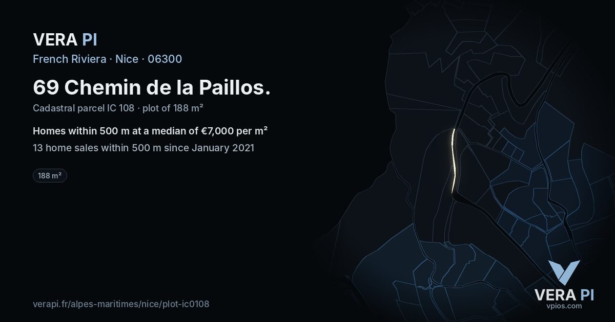 69 Chemin de la Paillos, Nice at night – the plot lit, the parcels around coloured by the prices near them