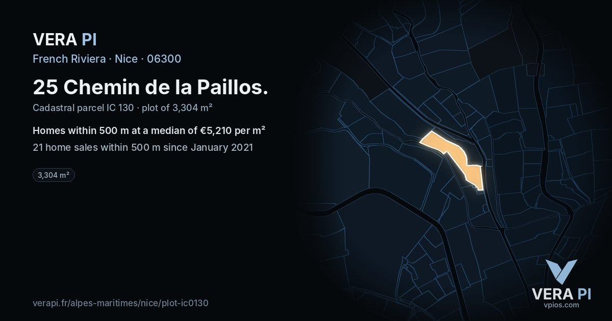 25 Chemin de la Paillos, Nice at night – the plot lit, the parcels around coloured by the prices near them
