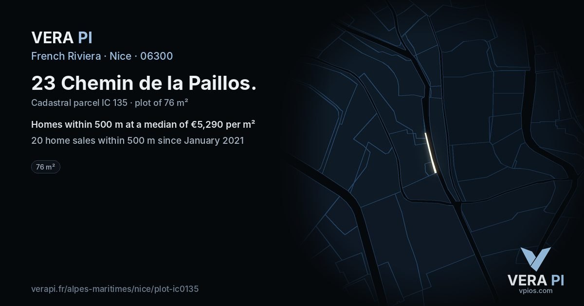 23 Chemin de la Paillos, Nice at night – the plot lit, the parcels around coloured by the prices near them