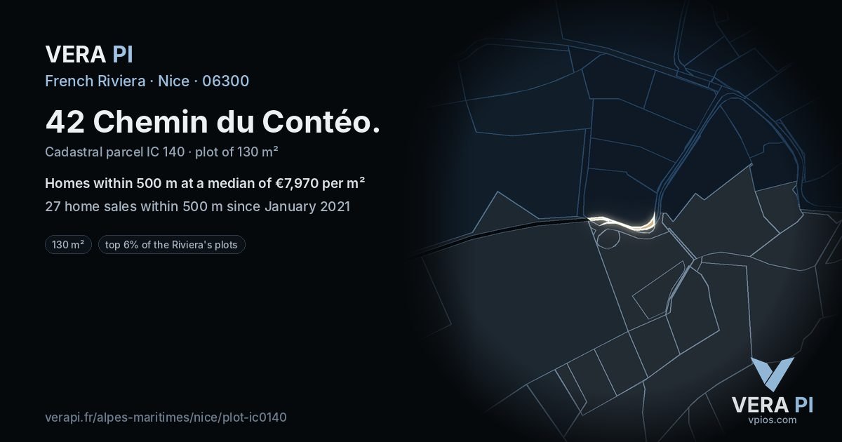 42 Chemin du Contéo, Nice at night – the plot lit, the parcels around coloured by the prices near them