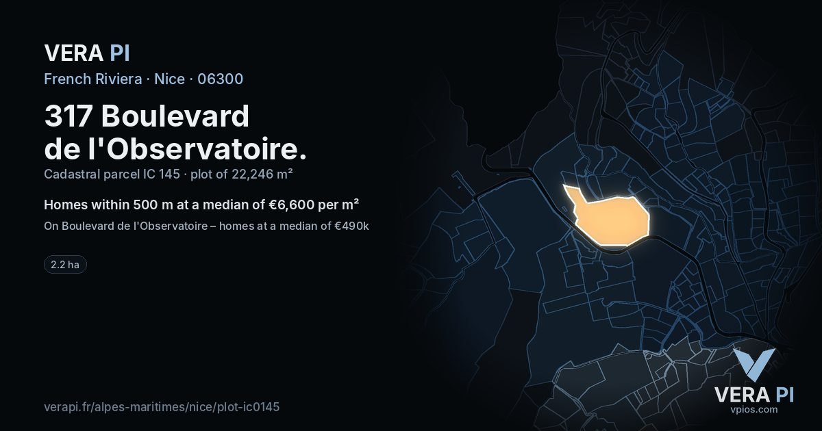 317 Boulevard de l'Observatoire, Nice at night – the plot lit, the parcels around coloured by the prices near them