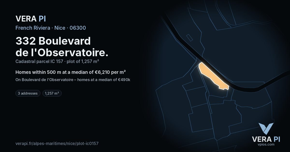 332 Boulevard de l'Observatoire, Nice at night – the plot lit, the parcels around coloured by the prices near them