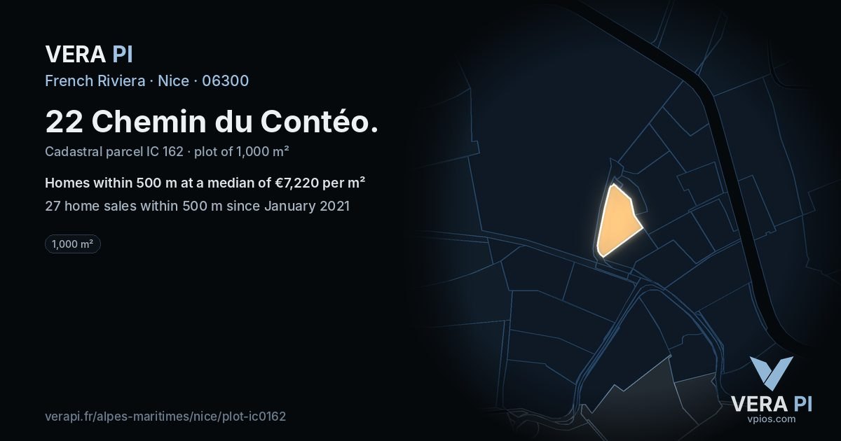 22 Chemin du Contéo, Nice at night – the plot lit, the parcels around coloured by the prices near them