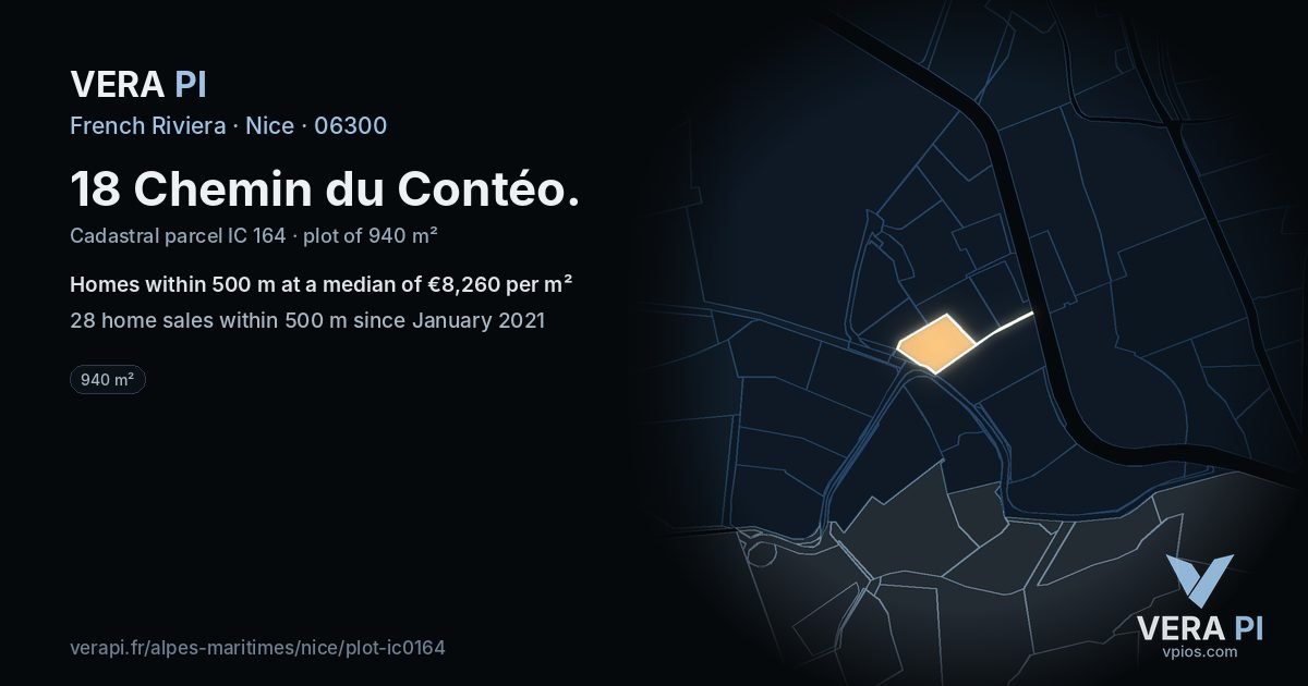 18 Chemin du Contéo, Nice at night – the plot lit, the parcels around coloured by the prices near them