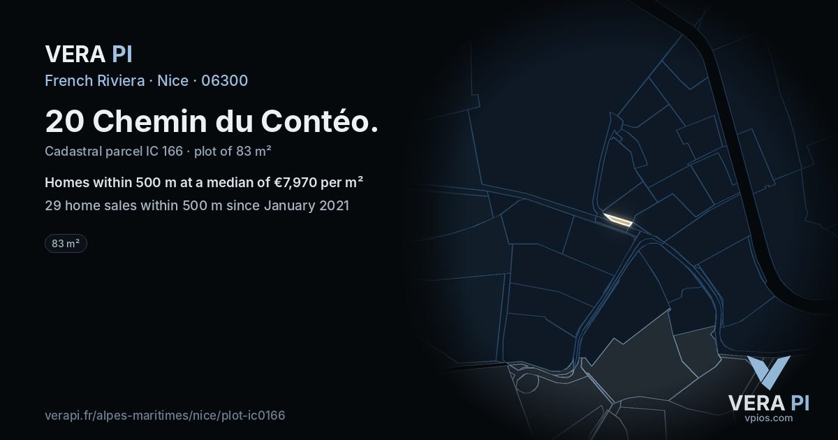 20 Chemin du Contéo, Nice at night – the plot lit, the parcels around coloured by the prices near them