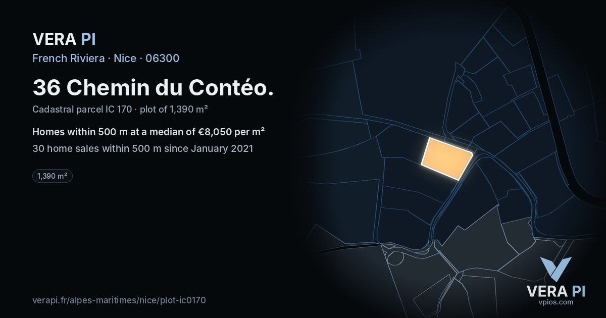 36 Chemin du Contéo, Nice at night – the plot lit, the parcels around coloured by the prices near them