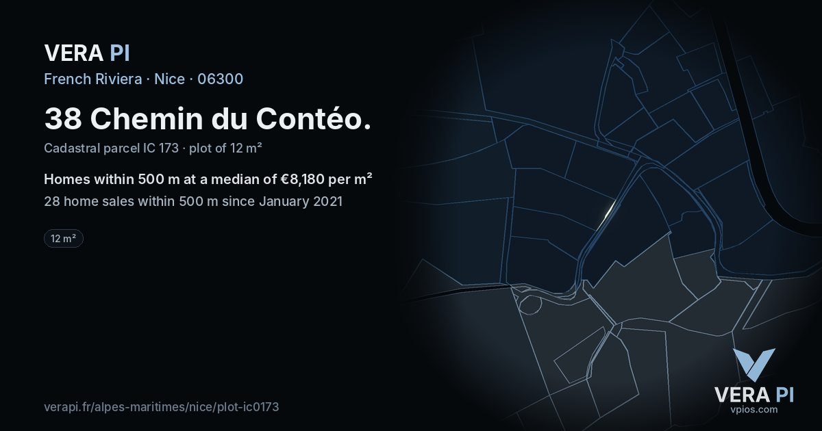 38 Chemin du Contéo, Nice at night – the plot lit, the parcels around coloured by the prices near them