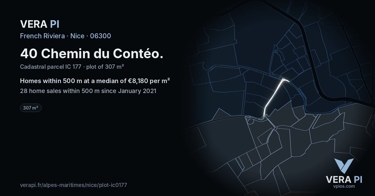 40 Chemin du Contéo, Nice at night – the plot lit, the parcels around coloured by the prices near them
