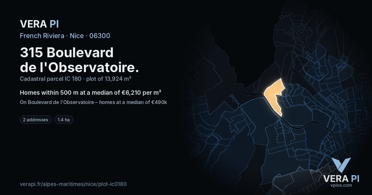 315 Boulevard de l'Observatoire, Nice at night – the plot lit, the parcels around coloured by the prices near them