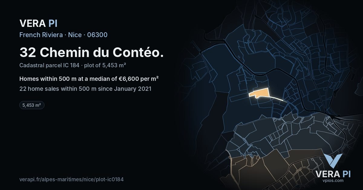 32 Chemin du Contéo, Nice at night – the plot lit, the parcels around coloured by the prices near them