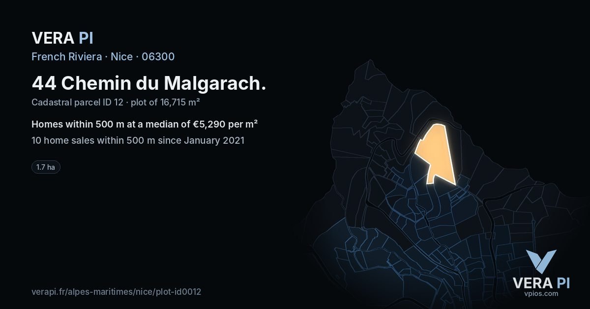 44 Chemin du Malgarach, Nice at night – the plot lit, the parcels around coloured by the prices near them