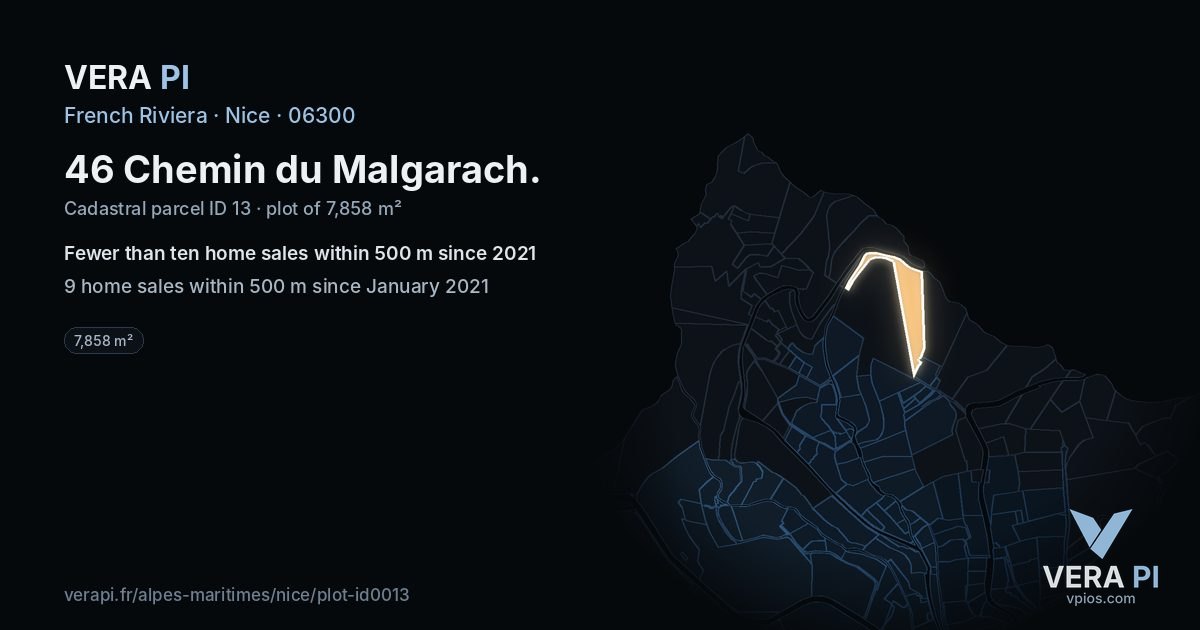 46 Chemin du Malgarach, Nice at night – the plot lit, the parcels around coloured by the prices near them