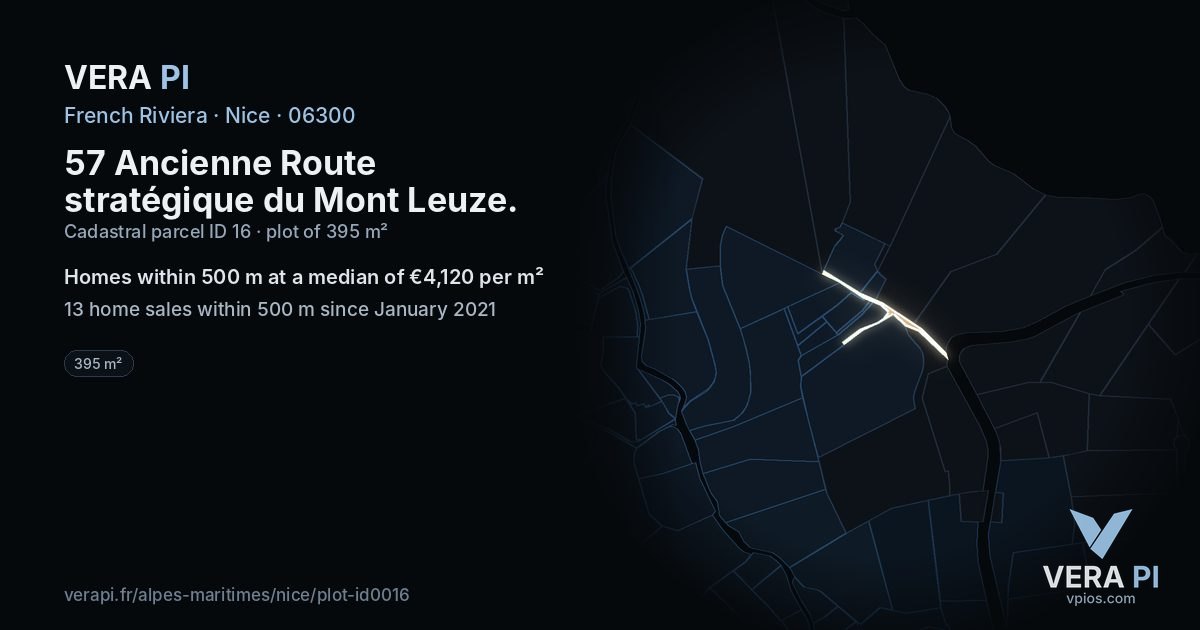 57 Ancienne Route stratégique du Mont Leuze, Nice at night – the plot lit, the parcels around coloured by the prices near them
