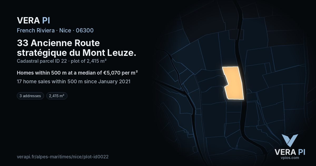 33 Ancienne Route stratégique du Mont Leuze, Nice at night – the plot lit, the parcels around coloured by the prices near them