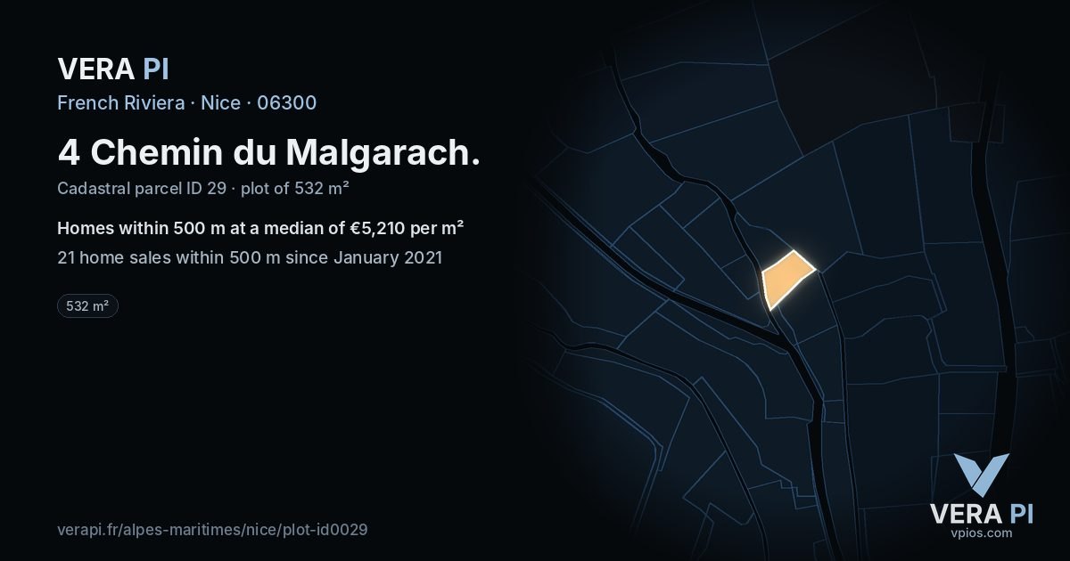 4 Chemin du Malgarach, Nice at night – the plot lit, the parcels around coloured by the prices near them